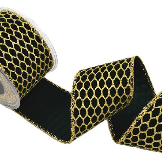 Ribbon 4.5mt, 67mm Forest Green Velvet Gold Fence *ETA Nov
